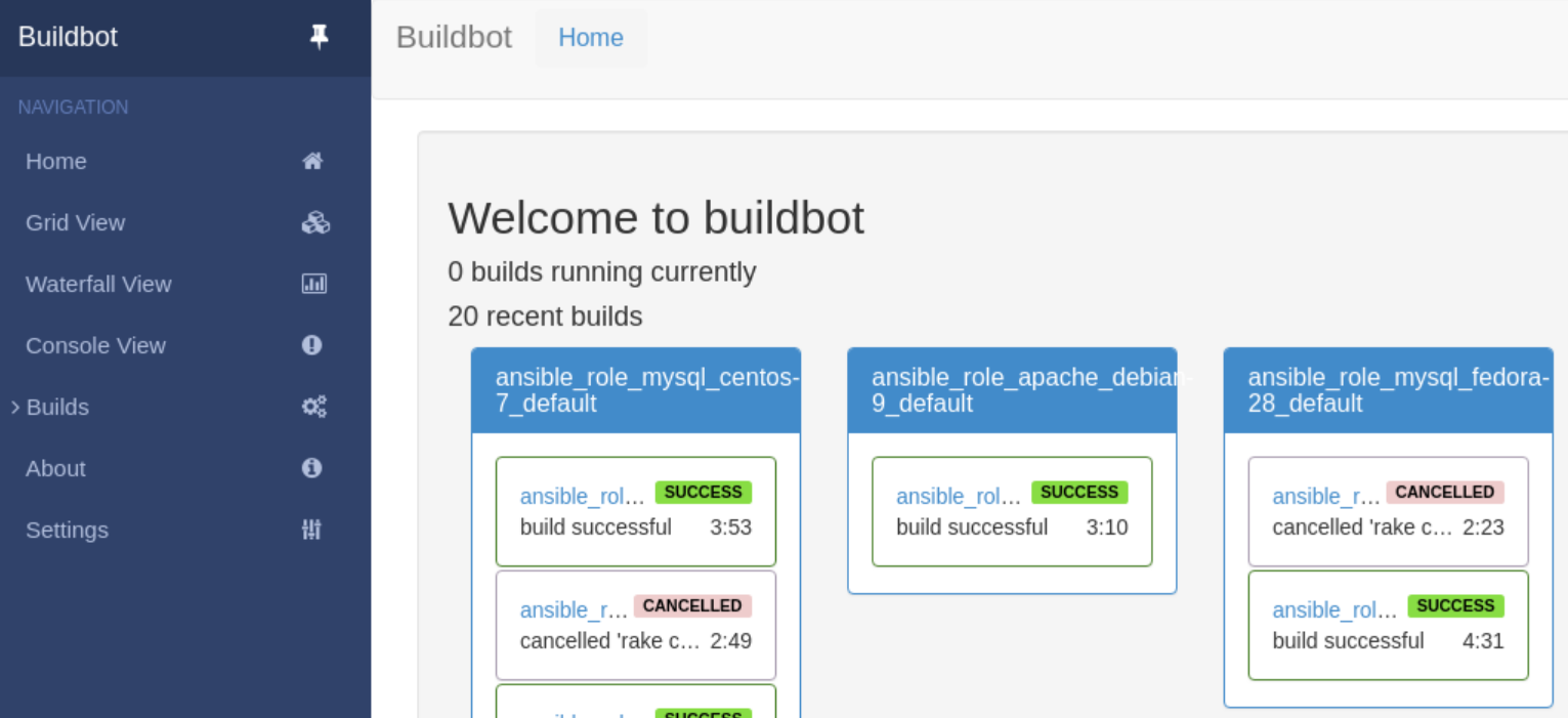 An image of the landing page from the Buildbot web interface