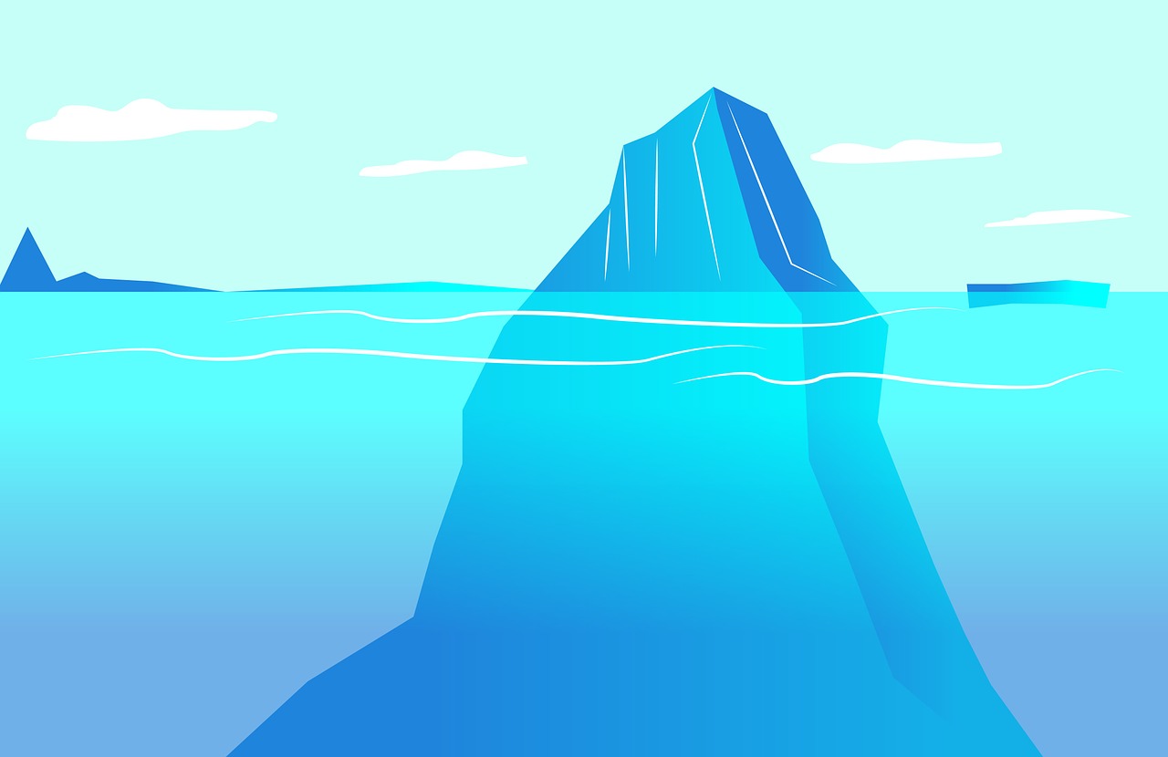 Ein Cartoon-Bild eines Eisbergs, der zu 80% unter Wasser liegt und nur eine kleine Spitze sichtbar ist.